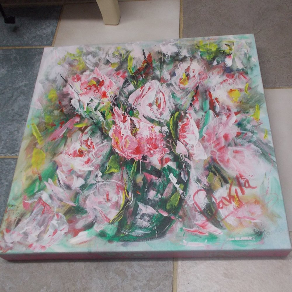 Original "Pink Chiffon Floral" fine art acrylic painting, 18"x18"x1.5"